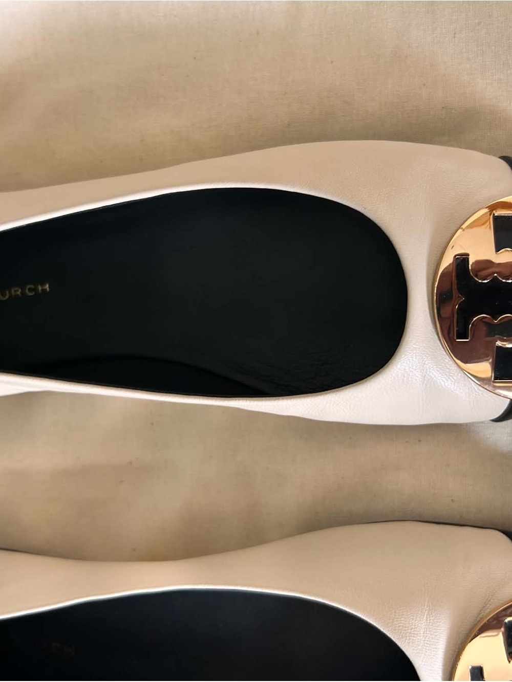 Tory Burch Ivory Leather Ballet Flats with Gold Logo